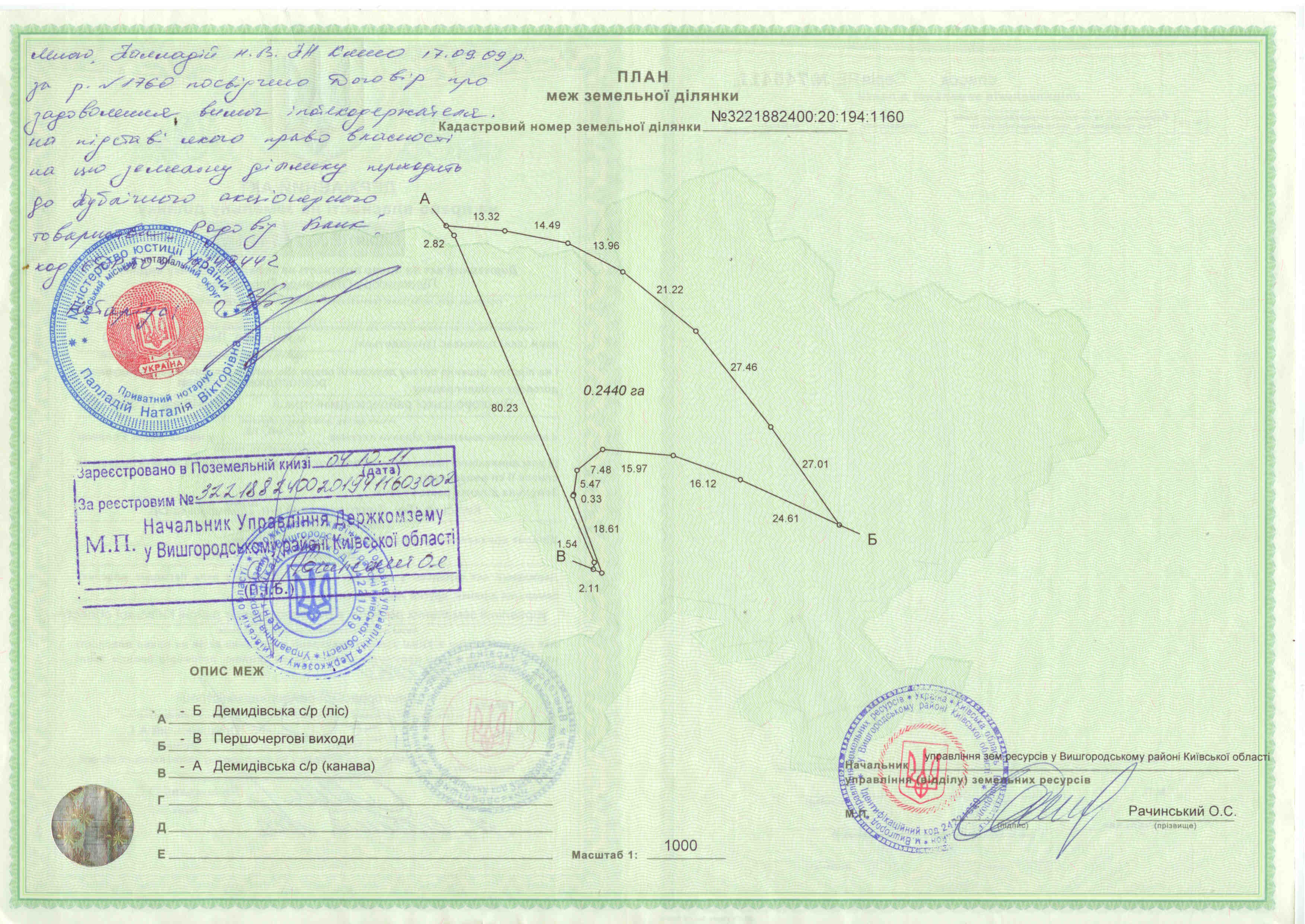 Земельна ділянка загальною площею 0,244 га; кадастровий номер: 3221882400:20:194:1160; з цільовим призначенням: для індивідуального садівництва, що розташована  за адресою: Київська обл., Вишгородський  р-н, с/рада Демидівська. Реєстраційний № 641942632218, інвентарний № 56184.